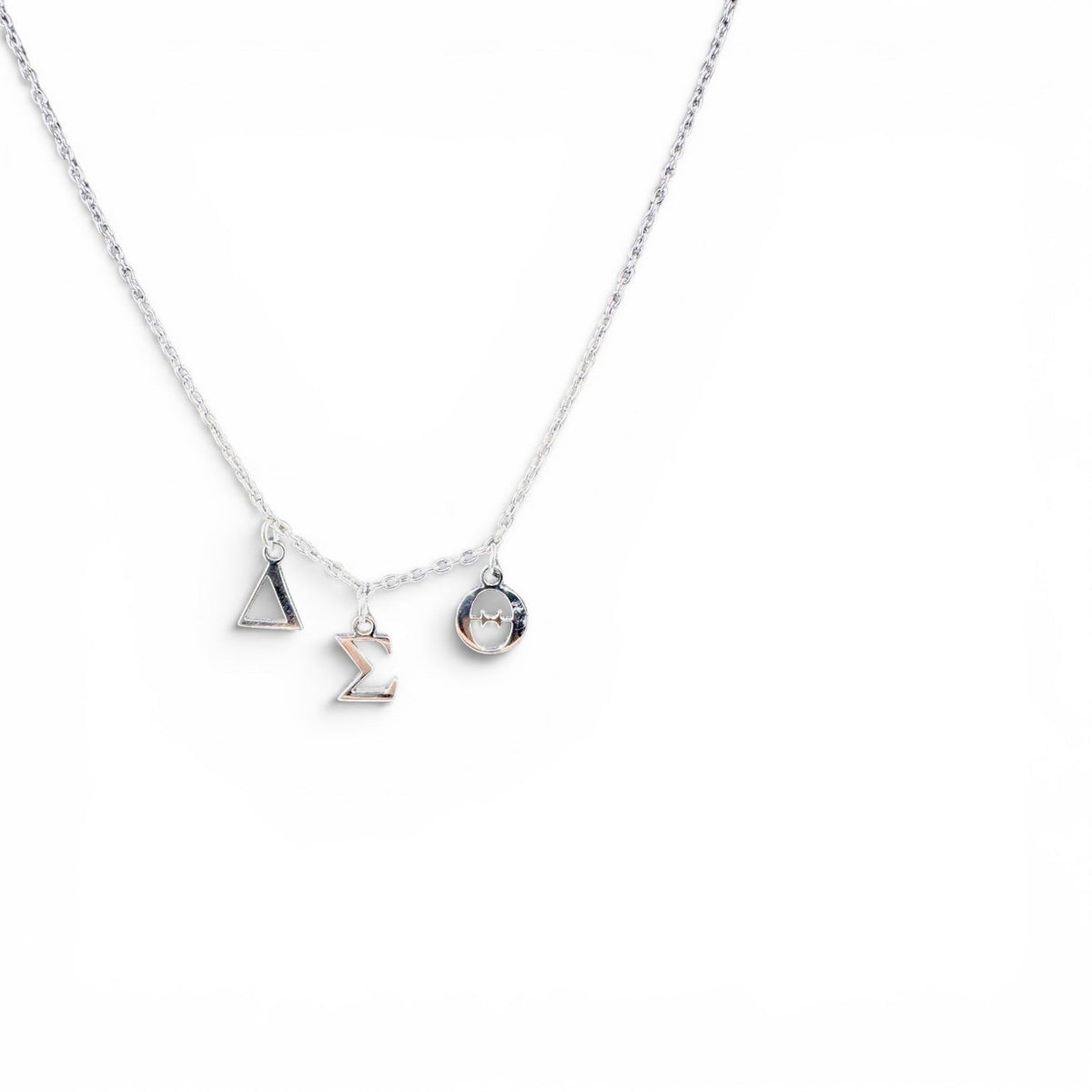 Trendzio Jewelry silver Delta Sigma Theta Greek letter charm necklace made of tarnish-free stainless steel.