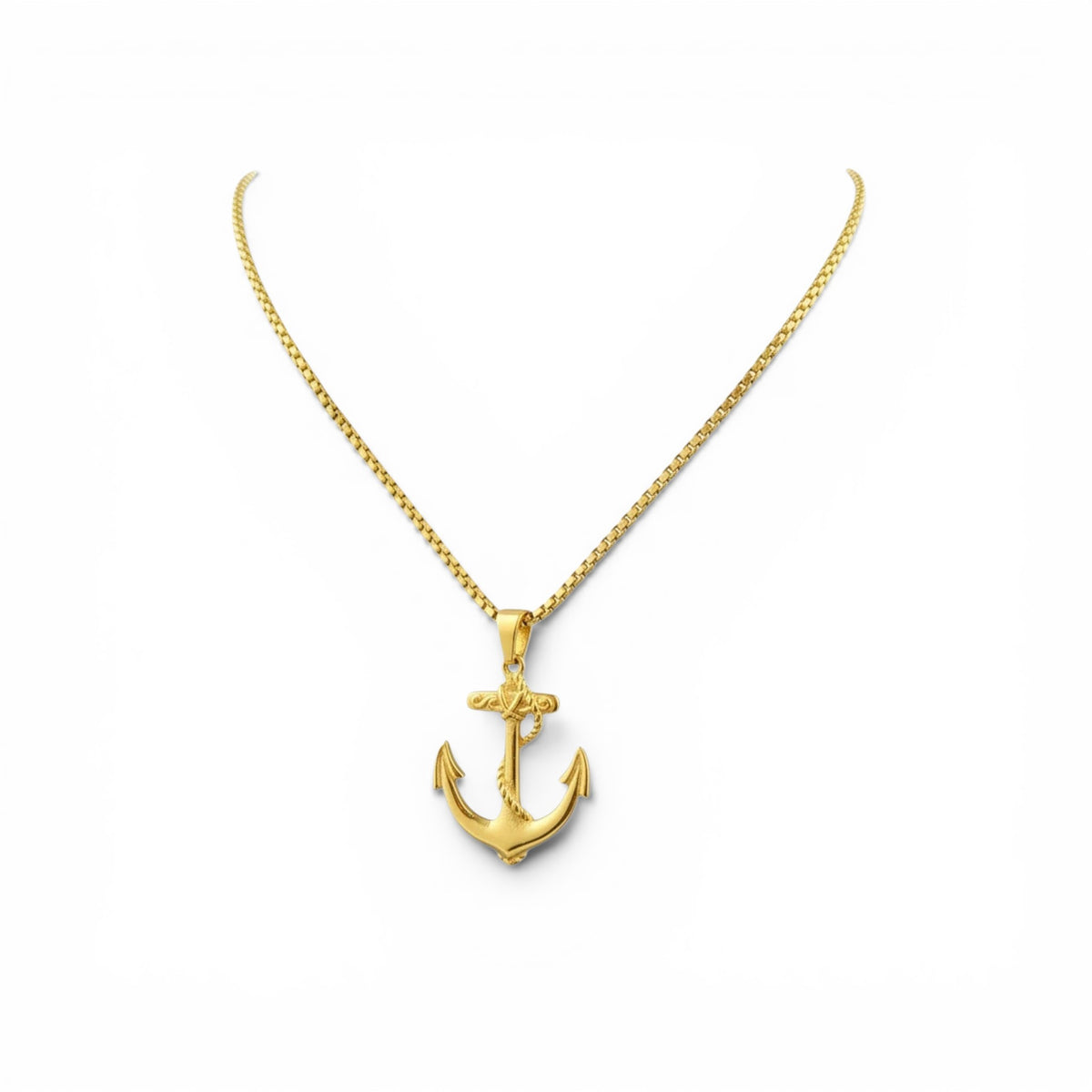 Trendzio Jewelry gold stainless steel anchor pendant necklace with rope detail on a box chain.