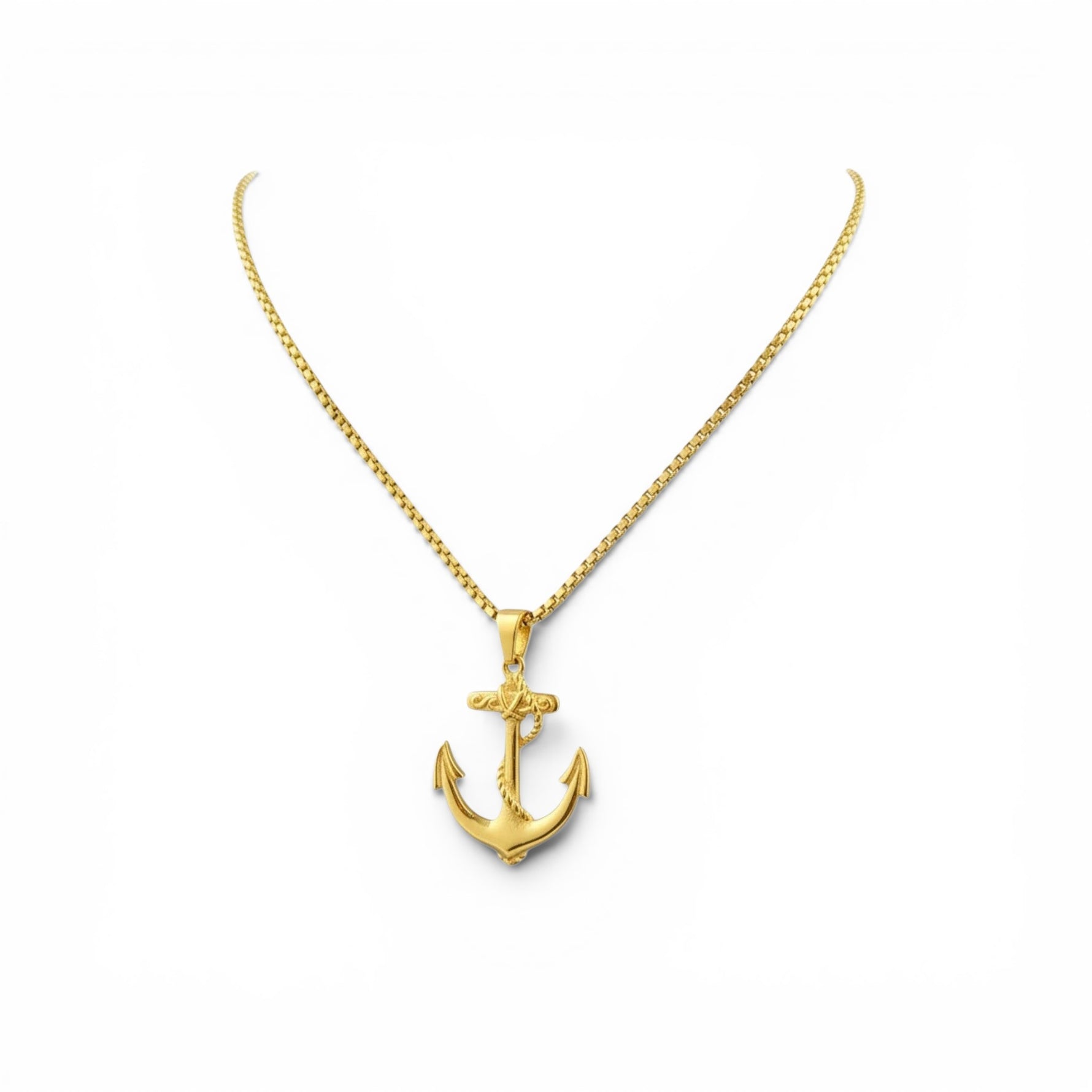 Trendzio Jewelry gold stainless steel anchor pendant necklace with rope detail on a box chain.
