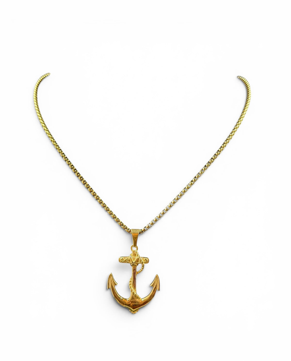 Trendzio Jewelry gold stainless steel anchor pendant necklace with rope detail on a box chain.