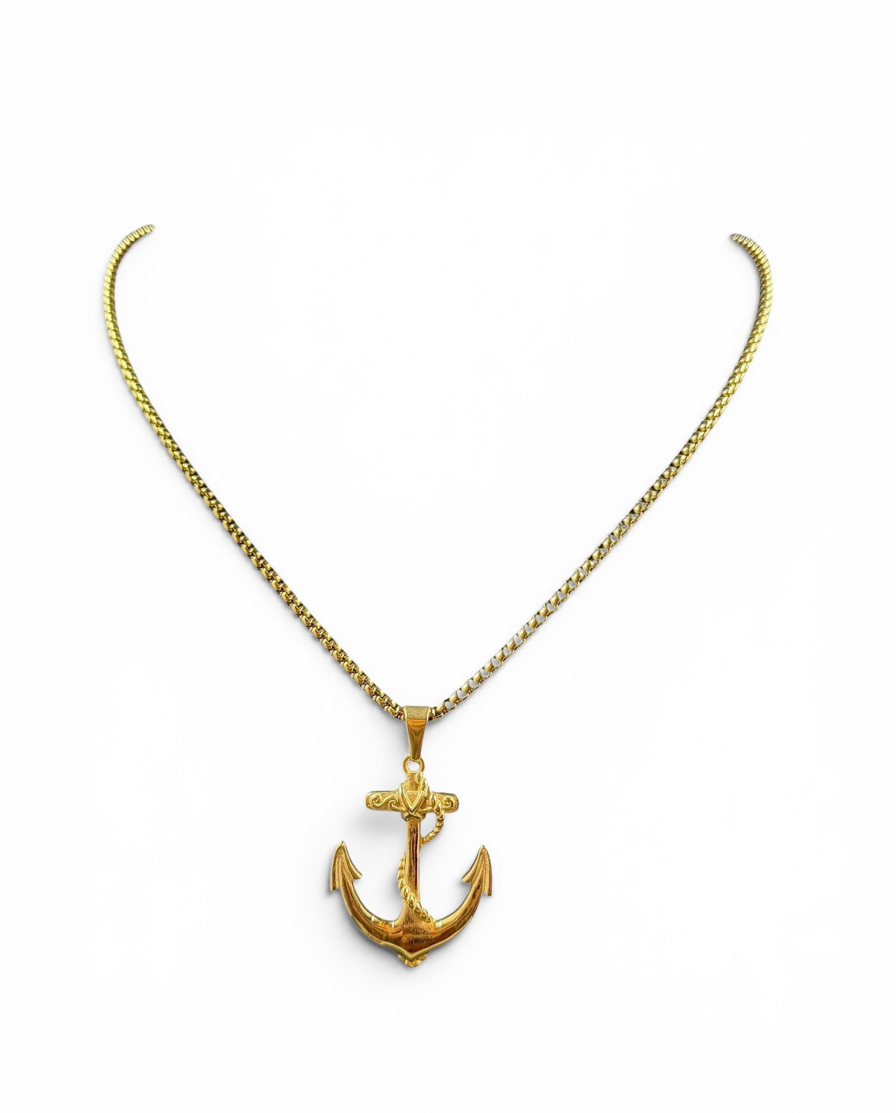 Trendzio Jewelry gold stainless steel anchor pendant necklace with rope detail on a box chain.