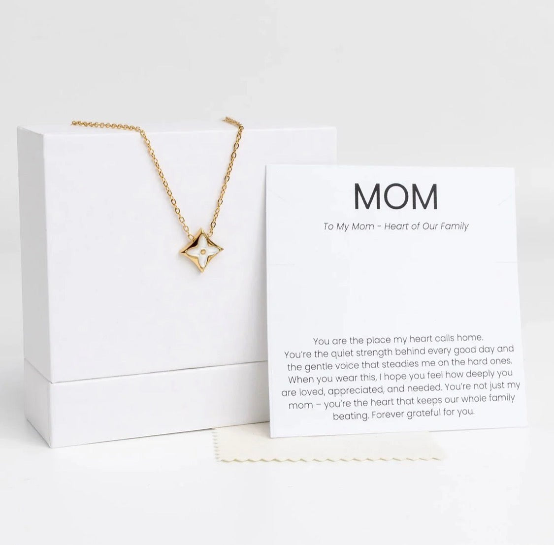 Trendzio Jewelry 18K gold star pendant necklace with Mother of Pearl inlay, presented with a heartfelt Mom gift card.