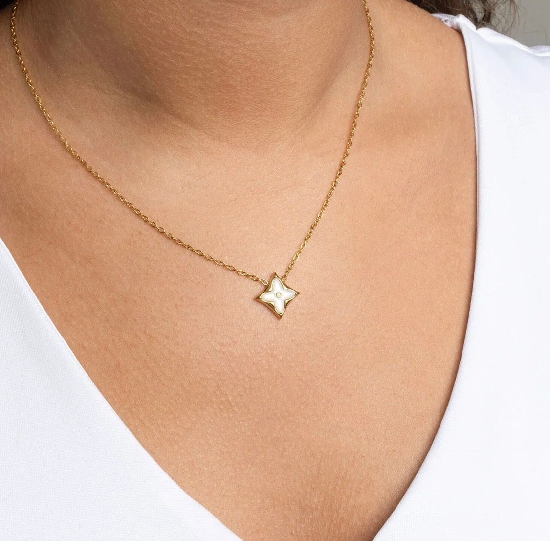 Trendzio Jewelry 18K gold PVD stainless steel necklace featuring a star pendant with iridescent Mother of Pearl inlay.