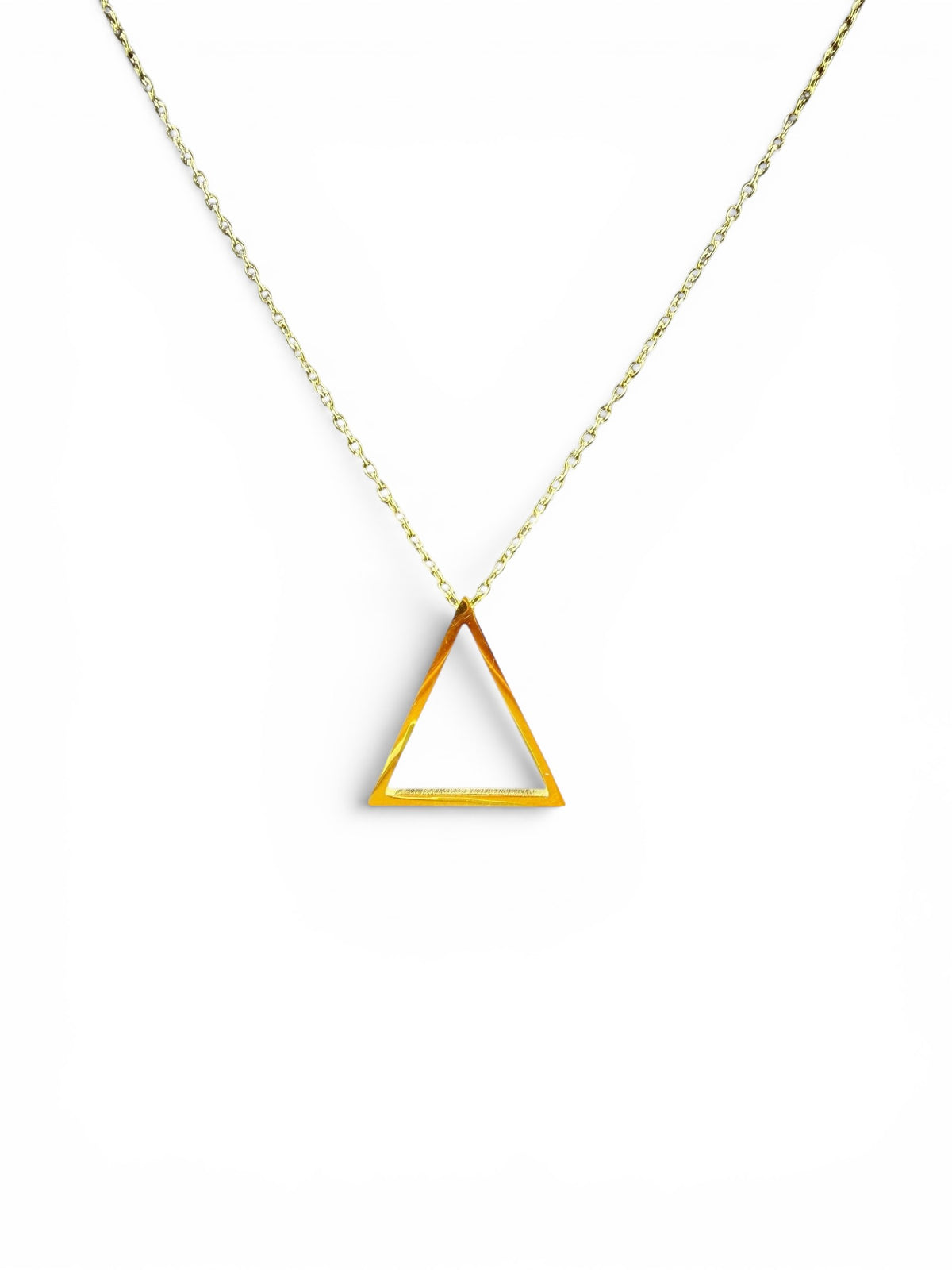 Trendzio Jewelry gold minimalist geometric open triangle pendant necklace on a delicate chain.