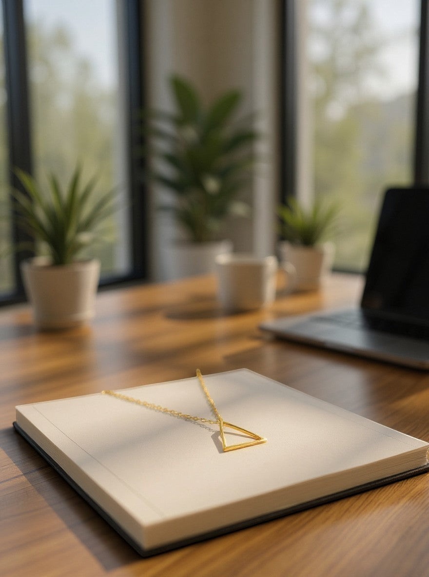 Trendzio Jewelry gold minimalist geometric triangle pendant necklace on a notebook.