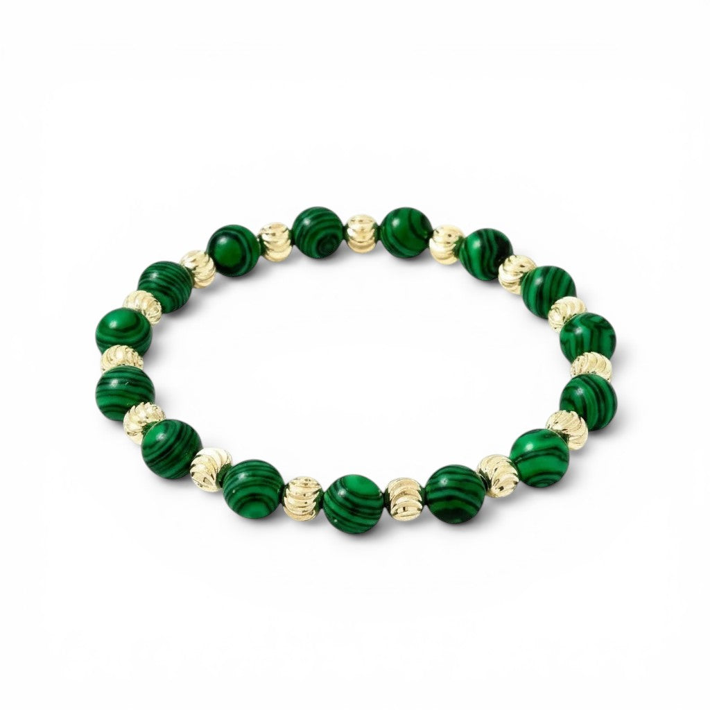 Trendzio Jewelry Harper stretch bracelet with green malachite beads and gold accent beads.