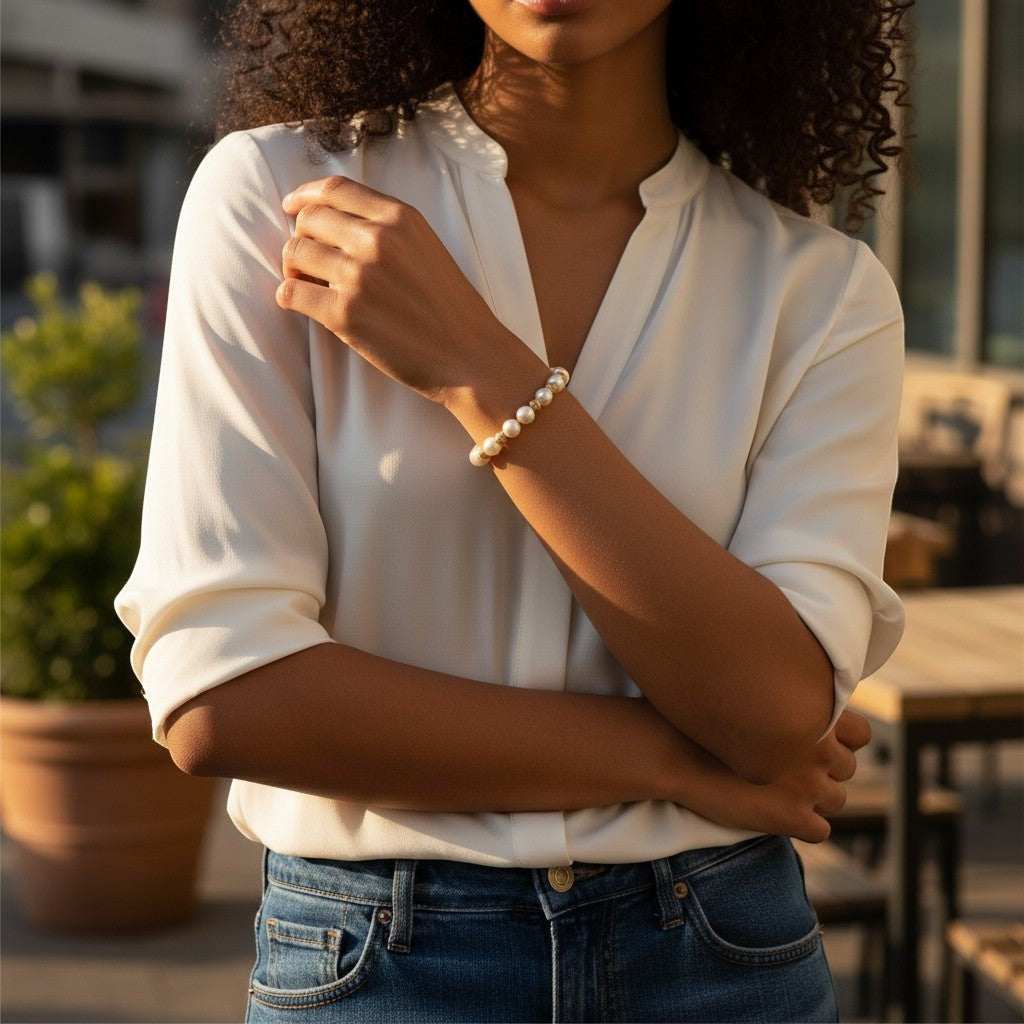 Trendzio Jewelry Harper Pearl Bracelet with gold accents on a woman's wrist.