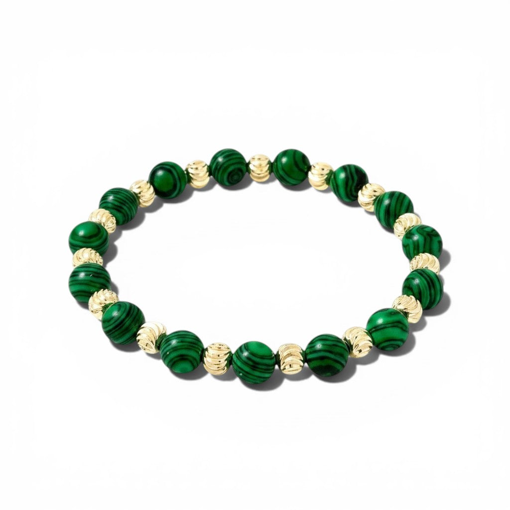 Trendzio Jewelry Harper Pearl Bracelet with green malachite beads and gold accents.