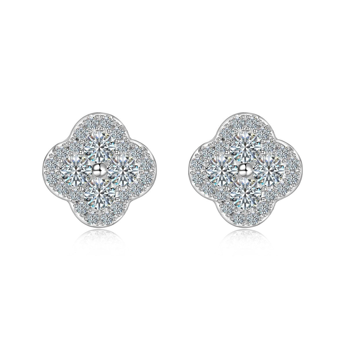 Trendzio Jewelry Ingrid clover flower stud earrings featuring sparkling 0.68 carat moissanite stones in silver setting.