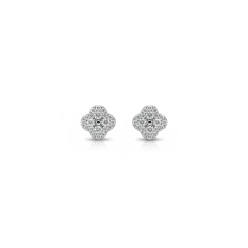 Trendzio Jewelry Ingrid clover flower stud earrings featuring sparkling 0.68ct moissanite stones in silver setting.