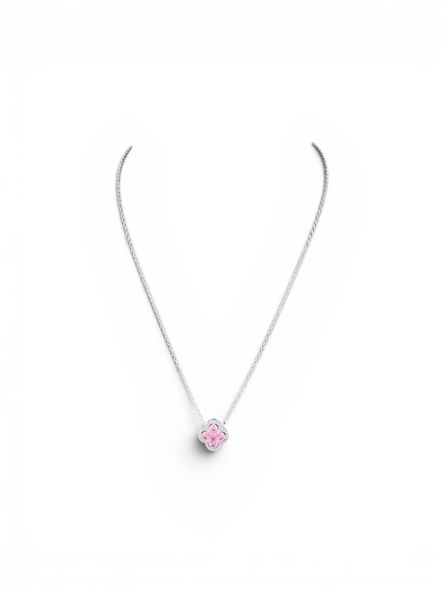 Trendzio Jewelry sterling silver Kaitlin clover necklace with pink CZ stones on a delicate chain.