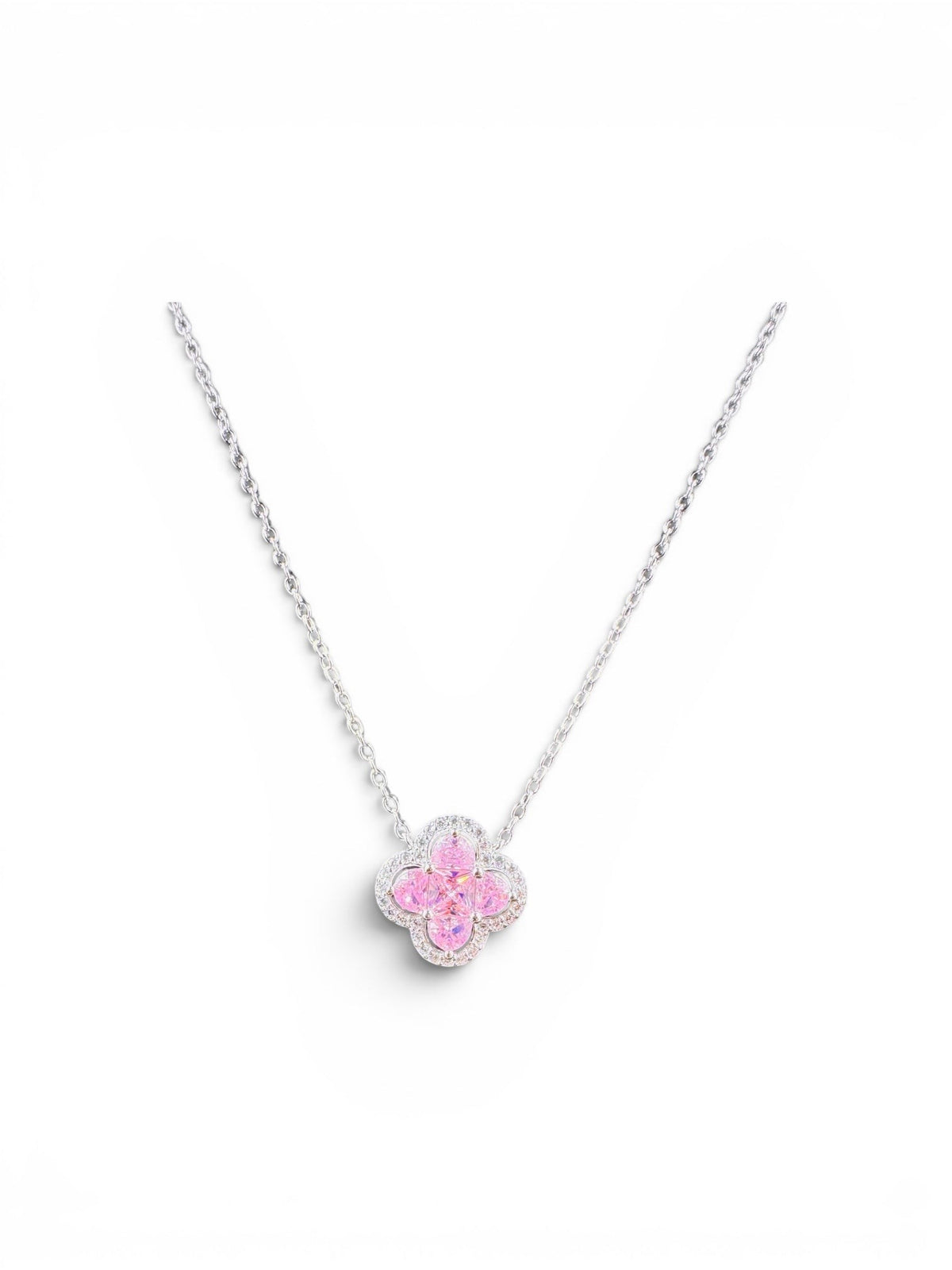 Trendzio Jewelry Kaitlin clover necklace in sterling silver with pink CZ stones on a delicate chain.