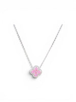 Trendzio Jewelry Kaitlin clover necklace in sterling silver with pink CZ stones on a delicate chain.