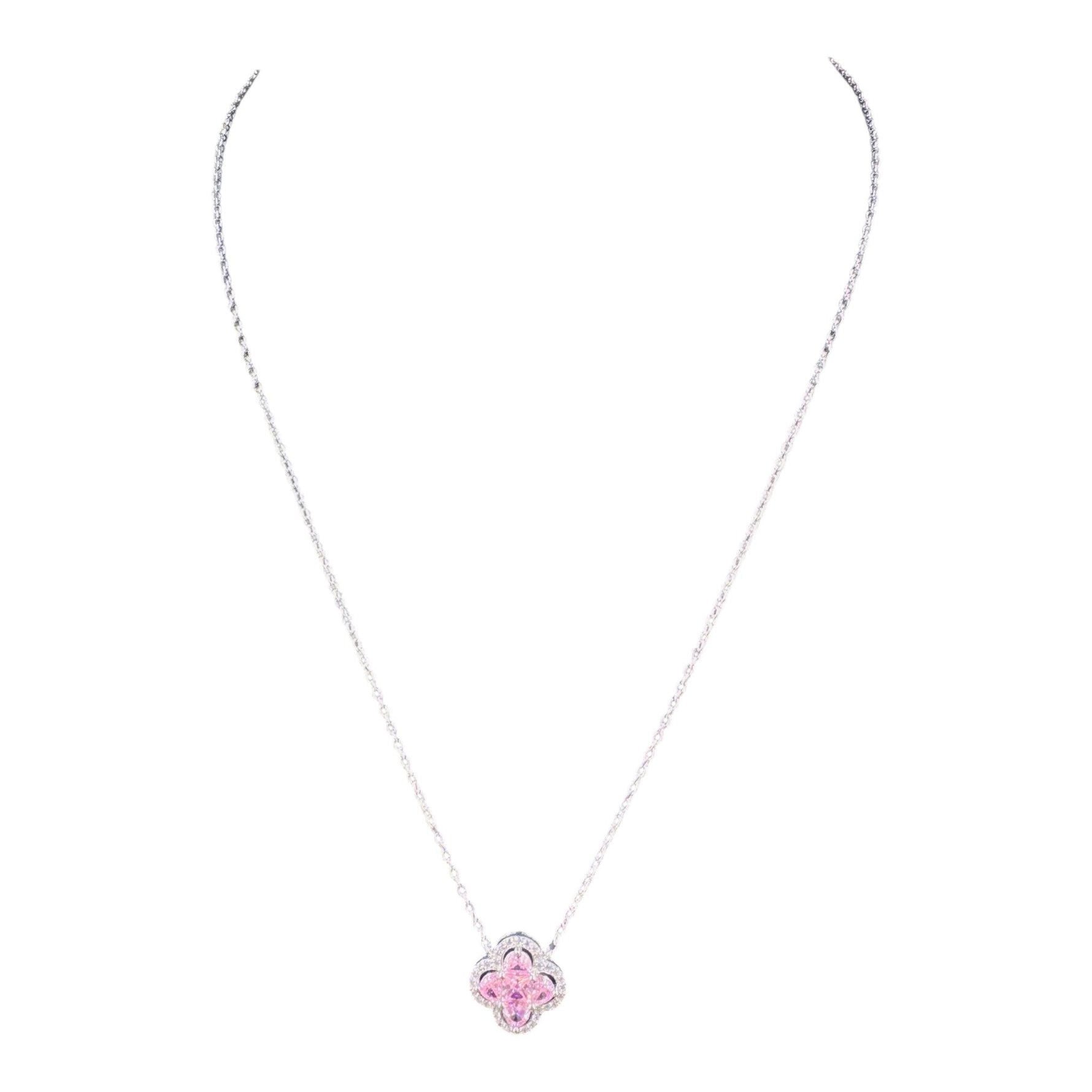 Trendzio Jewelry sterling silver Kaitlin clover necklace with a pink CZ stone pendant on a delicate chain.