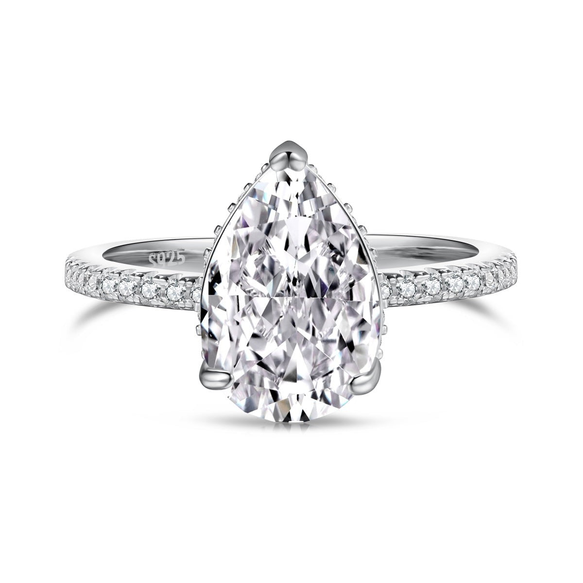 Trendzio Jewelry Lolo sterling silver ring featuring a large pear-cut CZ diamond and pavé band.