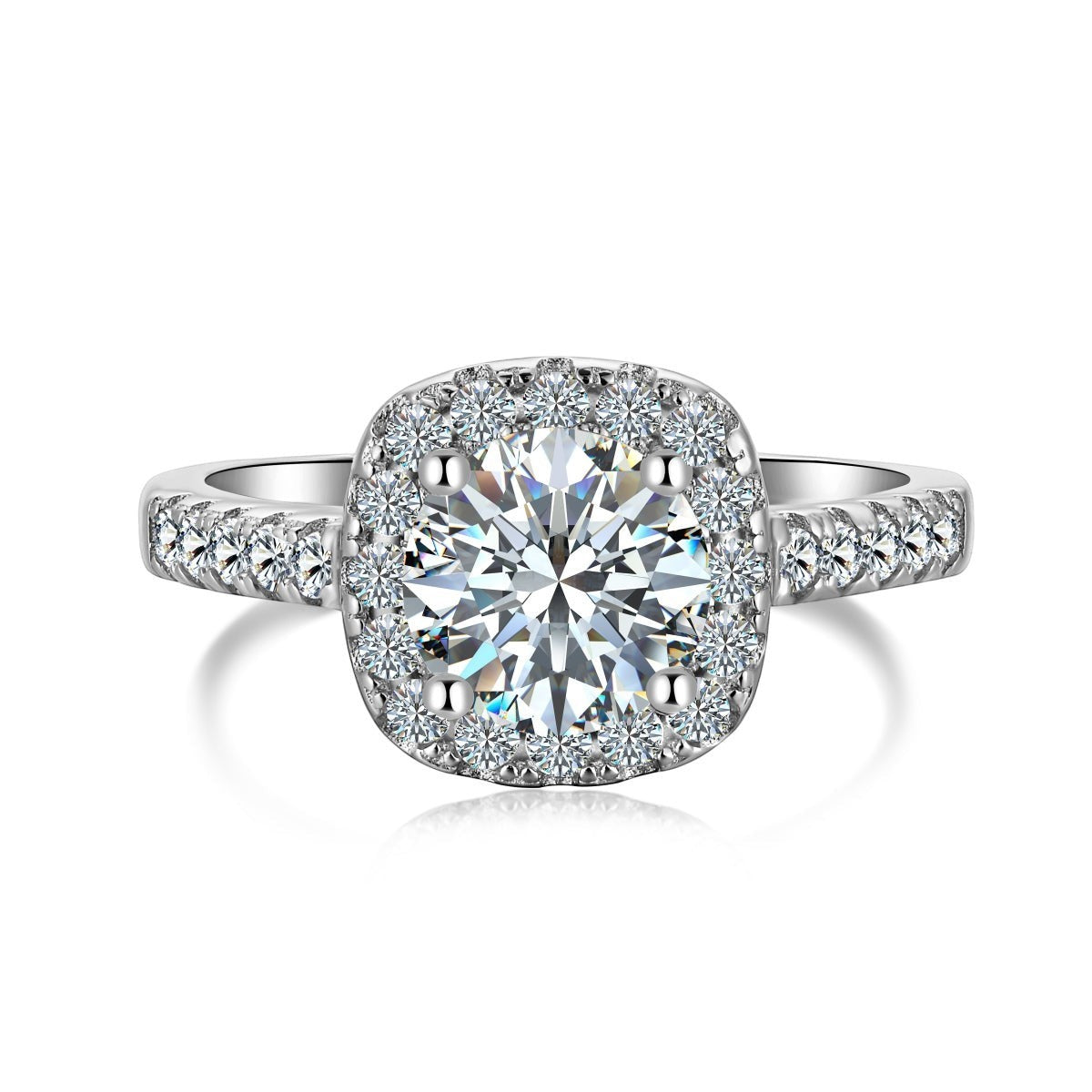 Trendzio Jewelry Mira moissanite diamond ring in sterling silver with a cushion halo setting and pavé band.