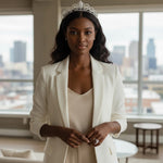 Trendzio Jewelry Mira Moissanite sterling silver ring worn by a woman in a white blazer and tiara in a city apartment
