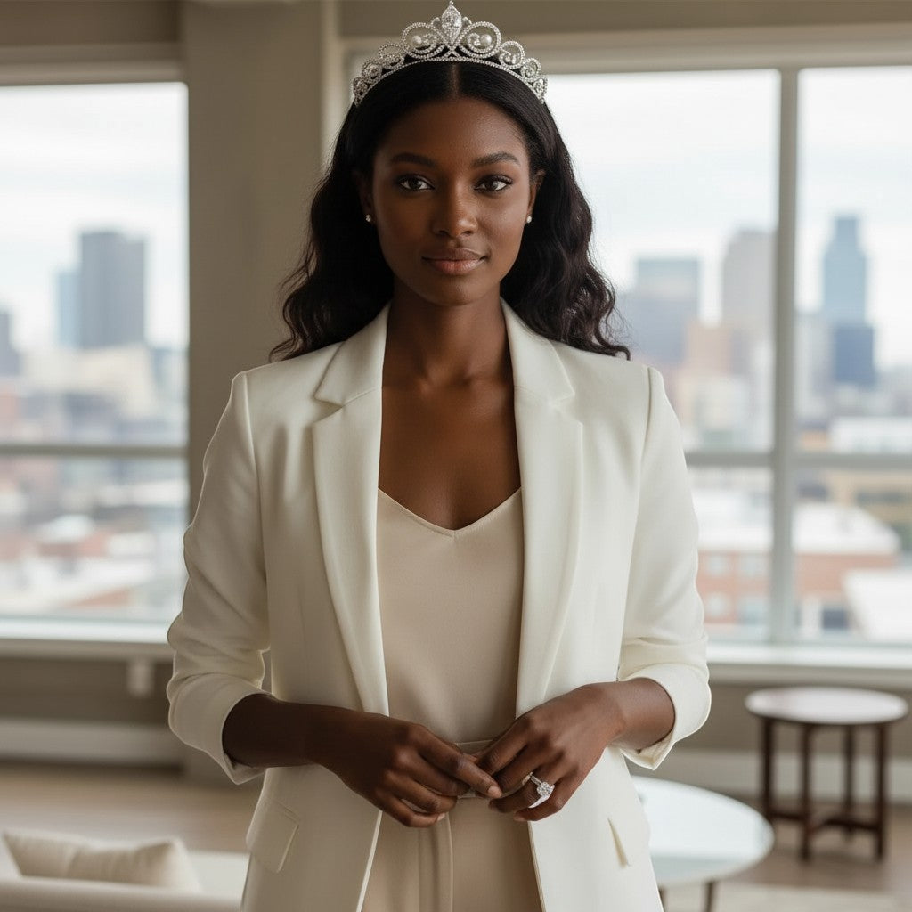 Trendzio Jewelry Mira Moissanite sterling silver ring worn by a woman in a white blazer and tiara in a city apartment
