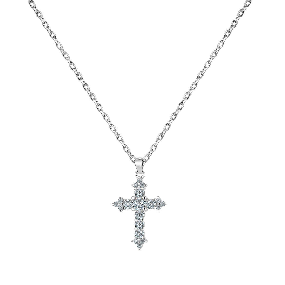 Trendzio Jewelry sterling silver cross necklace featuring sparkling moissanite diamonds on a delicate chain.