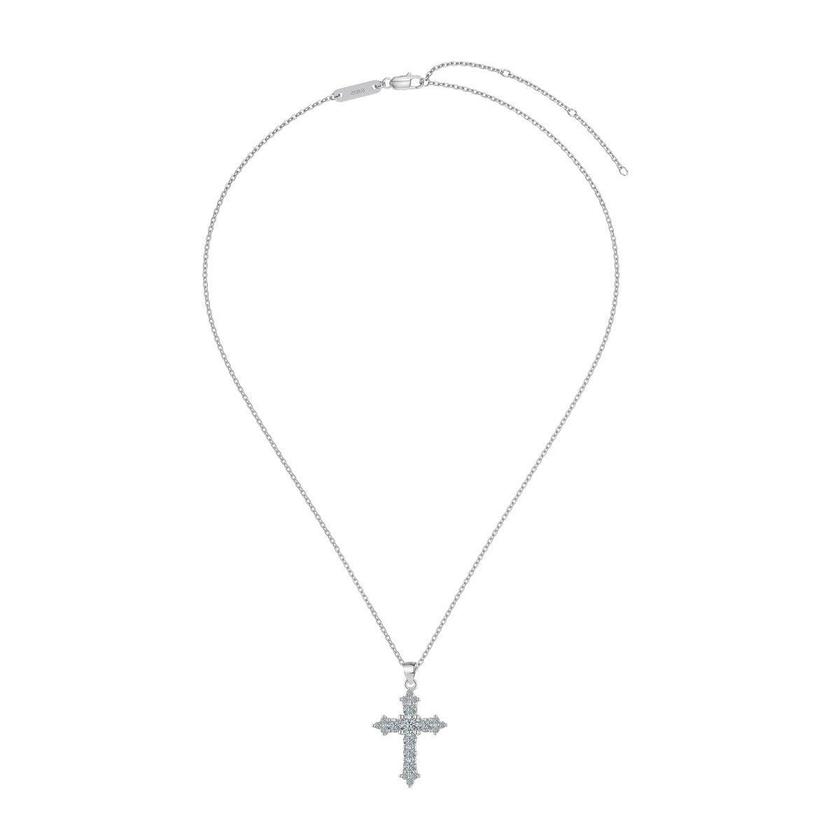 Trendzio Jewelry sterling silver cross necklace featuring sparkling moissanite diamonds and a rhodium-plated finish.