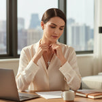 Woman in office wearing a Trendzio Jewelry sterling silver moissanite diamond cross necklace with a silk blouse.