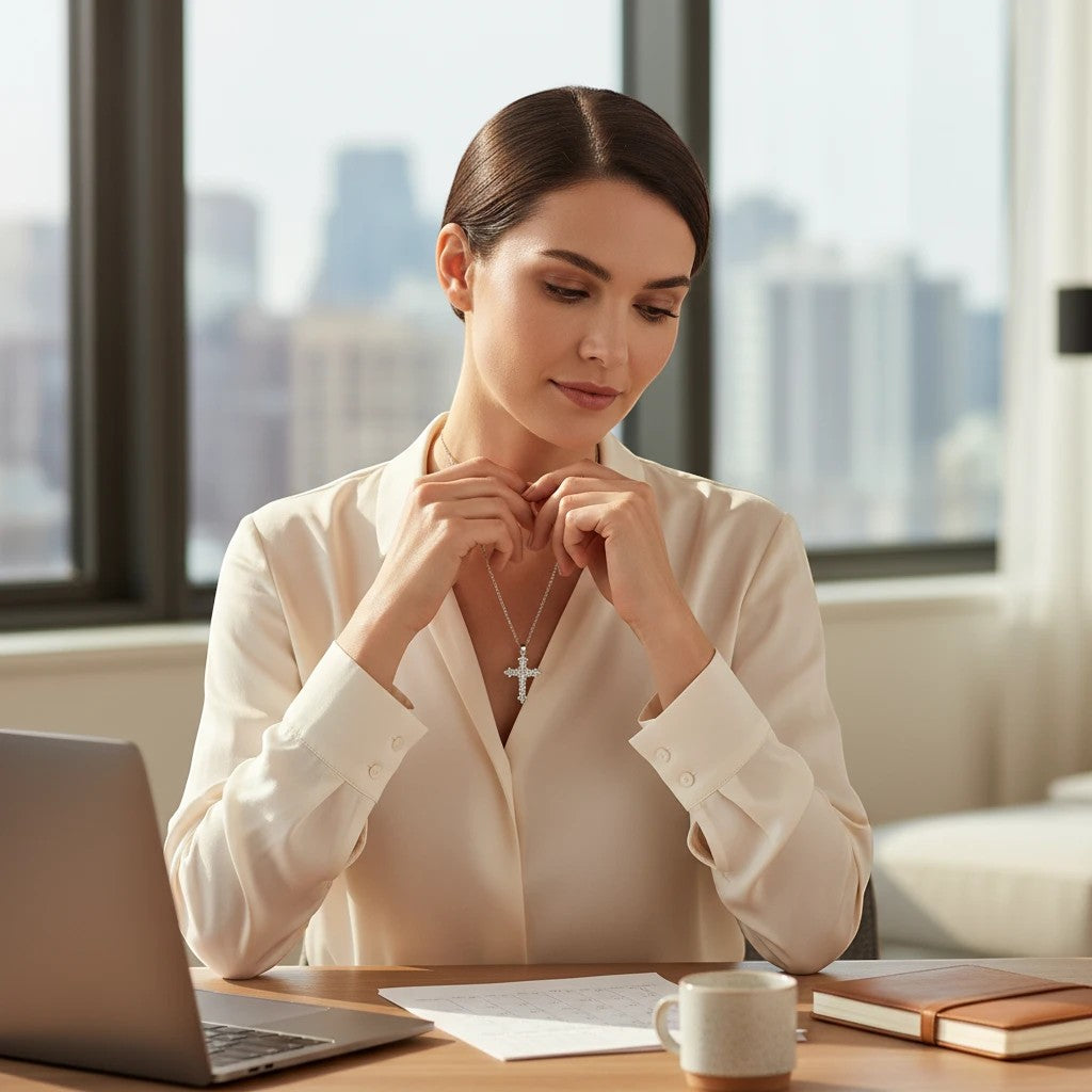 Woman in office wearing a Trendzio Jewelry sterling silver moissanite diamond cross necklace with a silk blouse.