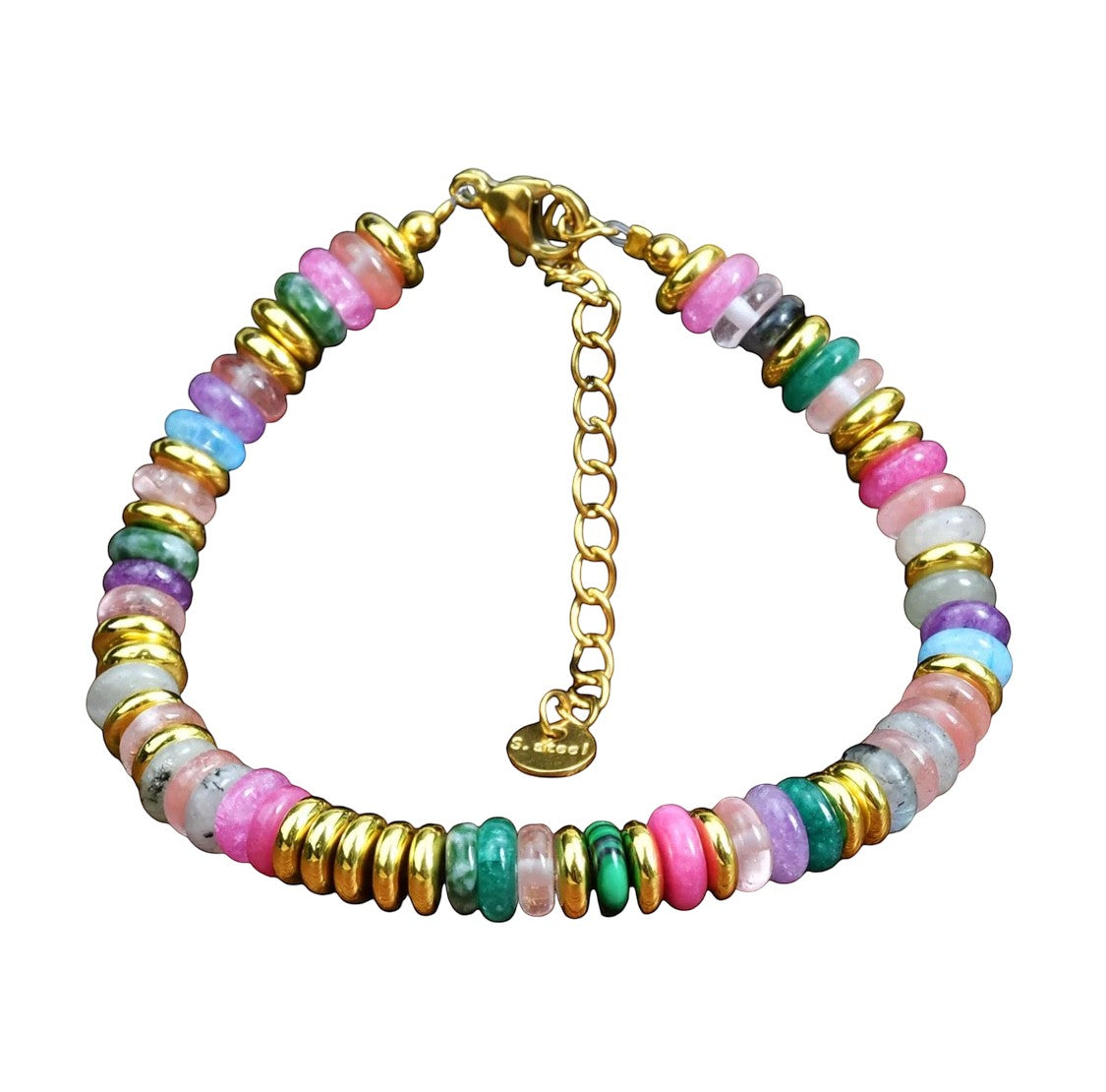 Trendzio Jewelry multi-color stone bracelet featuring vibrant jade beads and gold-tone spacers with adjustable chain.