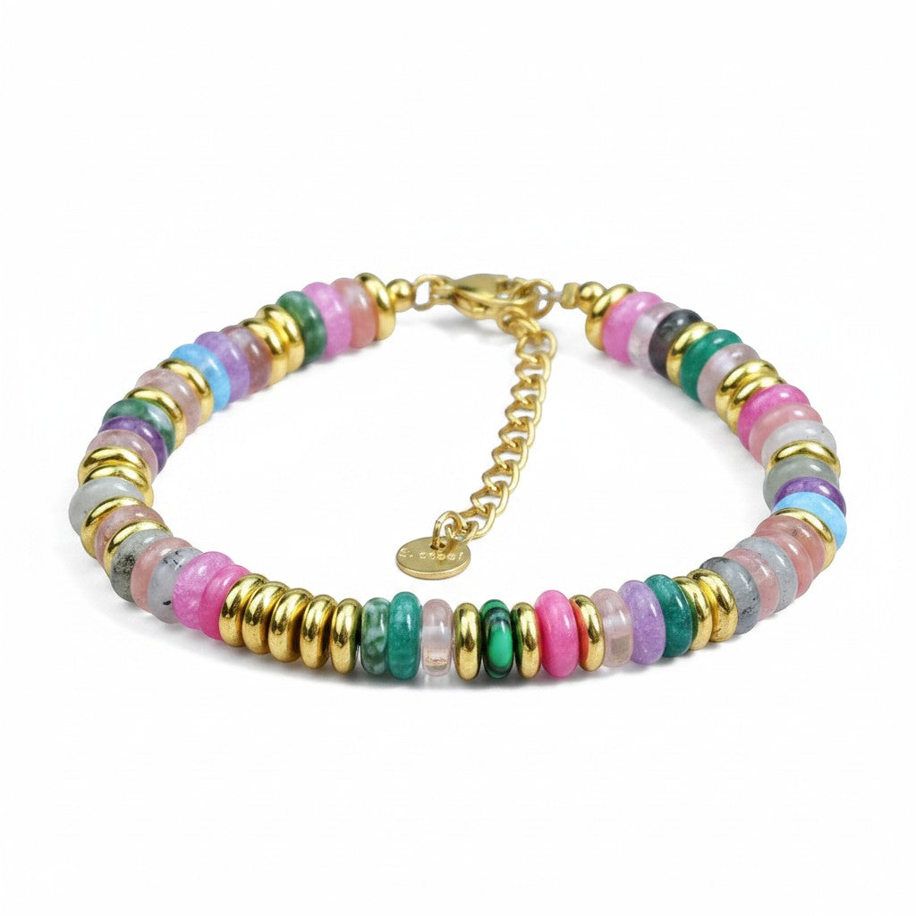 Trendzio Jewelry multi-color stone bracelet with pink, green, and blue jade beads and gold-tone metal accents.