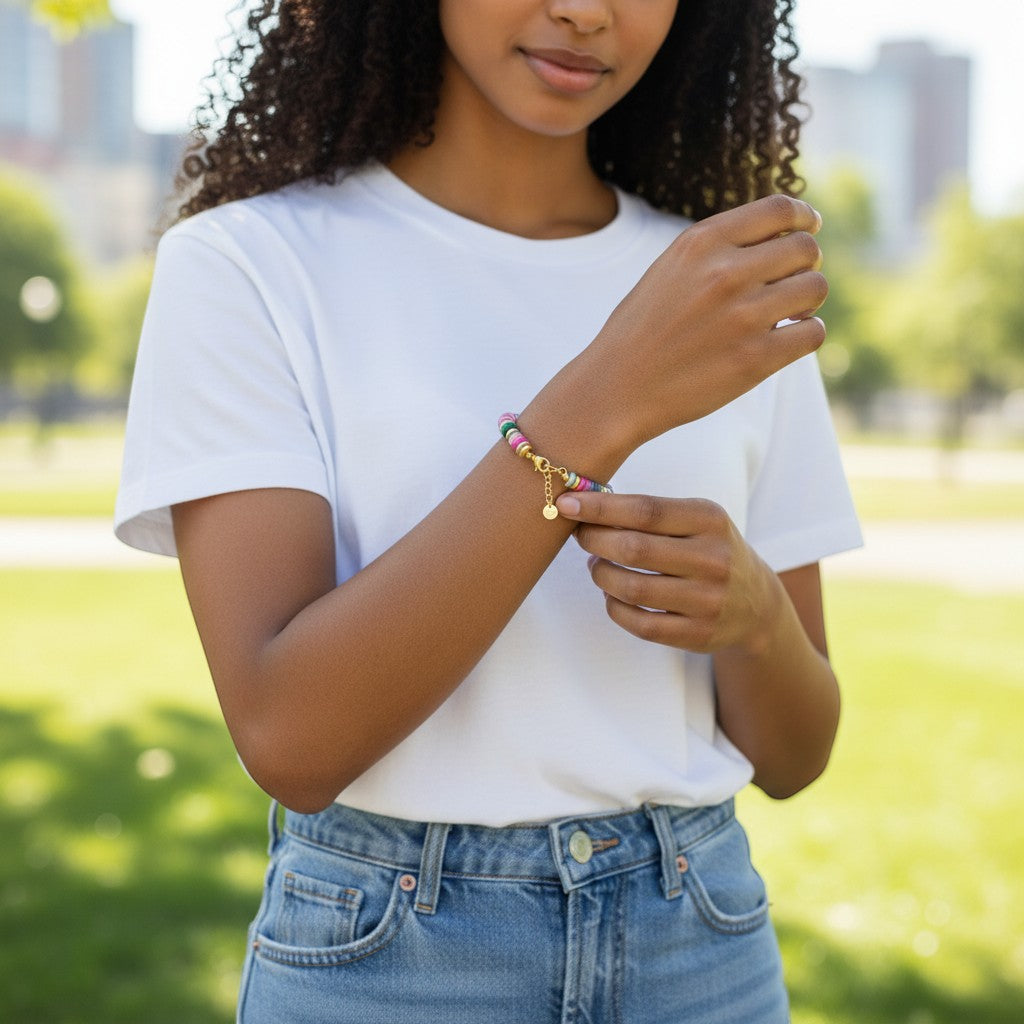 Trendzio Jewelry multi-stone color bracelet worn by a woman in a white t-shirt, featuring vibrant beaded design.
