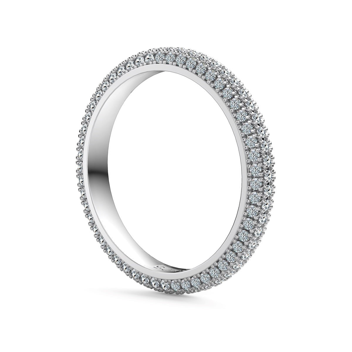 Trendzio Jewelry Nola sterling silver ring featuring three rows of sparkling moissanite stones in a pavé setting.