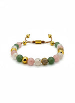 Trendzio Jewelry pink and green jade stone beaded bracelet with gold accents and adjustable drawstring closure.
