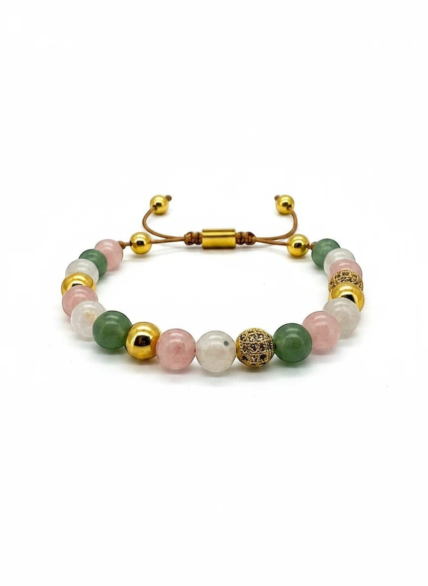 Trendzio Jewelry pink and green jade stone beaded bracelet with gold accents and adjustable drawstring closure.