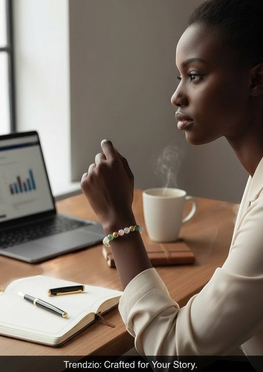 Woman wearing a Trendzio Jewelry pink and green jade stretch bracelet while working at a desk with a laptop.