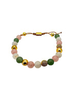 Trendzio Jewelry pink and green jade beaded bracelet with gold accents and adjustable drawstring closure.
