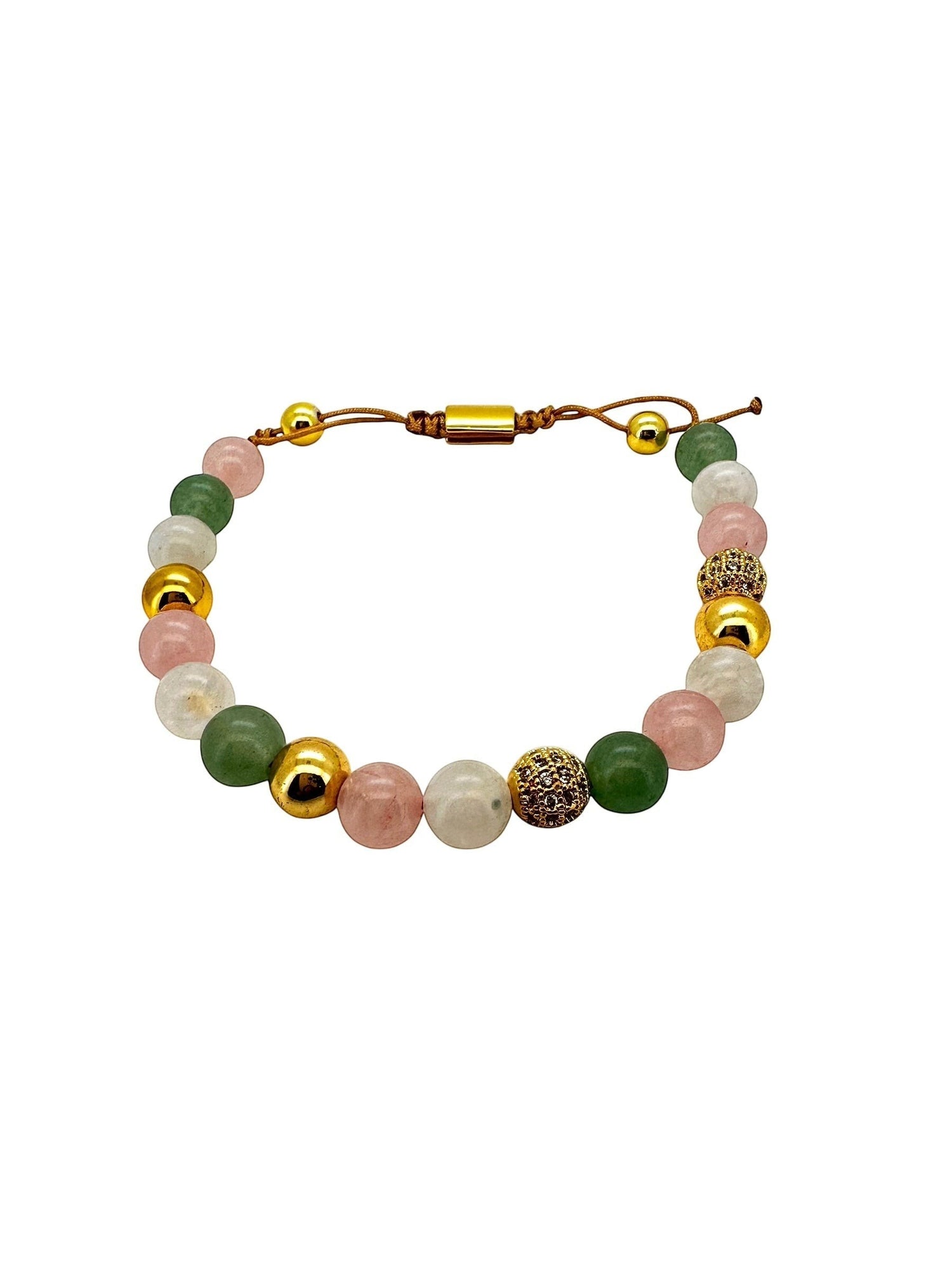 Trendzio Jewelry pink and green jade beaded bracelet with gold accents and adjustable drawstring closure.
