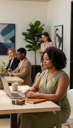 Woman wearing a Trendzio Jewelry yellow and green crystal rose lapel pin on an olive dress in a professional office.
