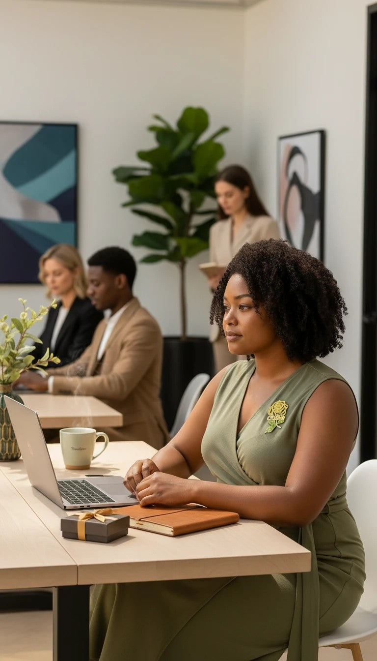 Woman wearing a Trendzio Jewelry yellow and green crystal rose lapel pin on an olive dress in a professional office.