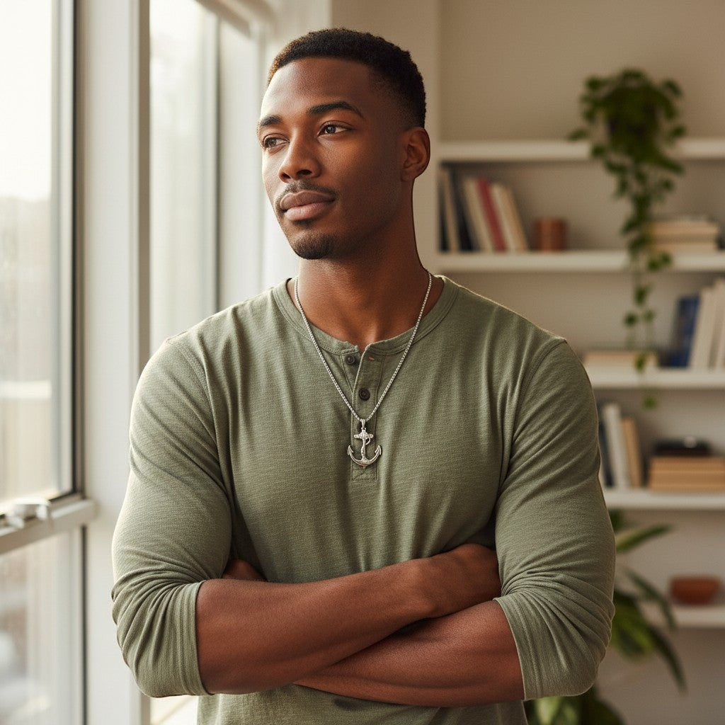 Trendzio Jewelry stainless steel anchor necklace on a man wearing a green long-sleeve shirt.