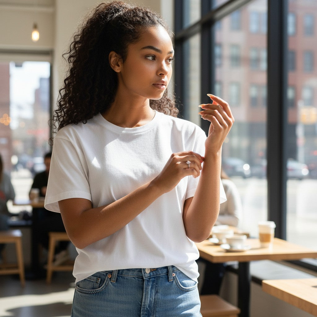 Woman wearing a Trendzio Jewelry Uma CZ sterling silver ring, styled with a white t-shirt in a bright cafe setting.