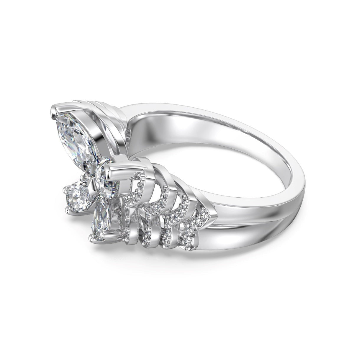 Trendzio Jewelry Veda butterfly statement ring in sterling silver with sparkling cubic zirconia diamond accents.