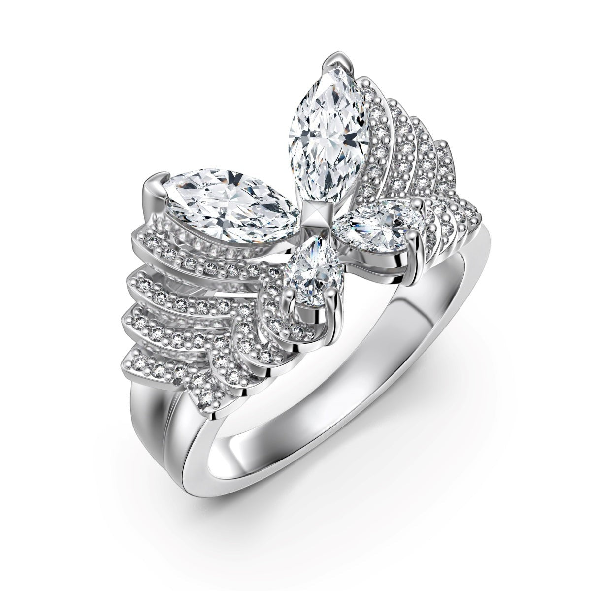 Trendzio Jewelry Veda sterling silver butterfly ring featuring marquise-cut CZ stones and pavé detailing.