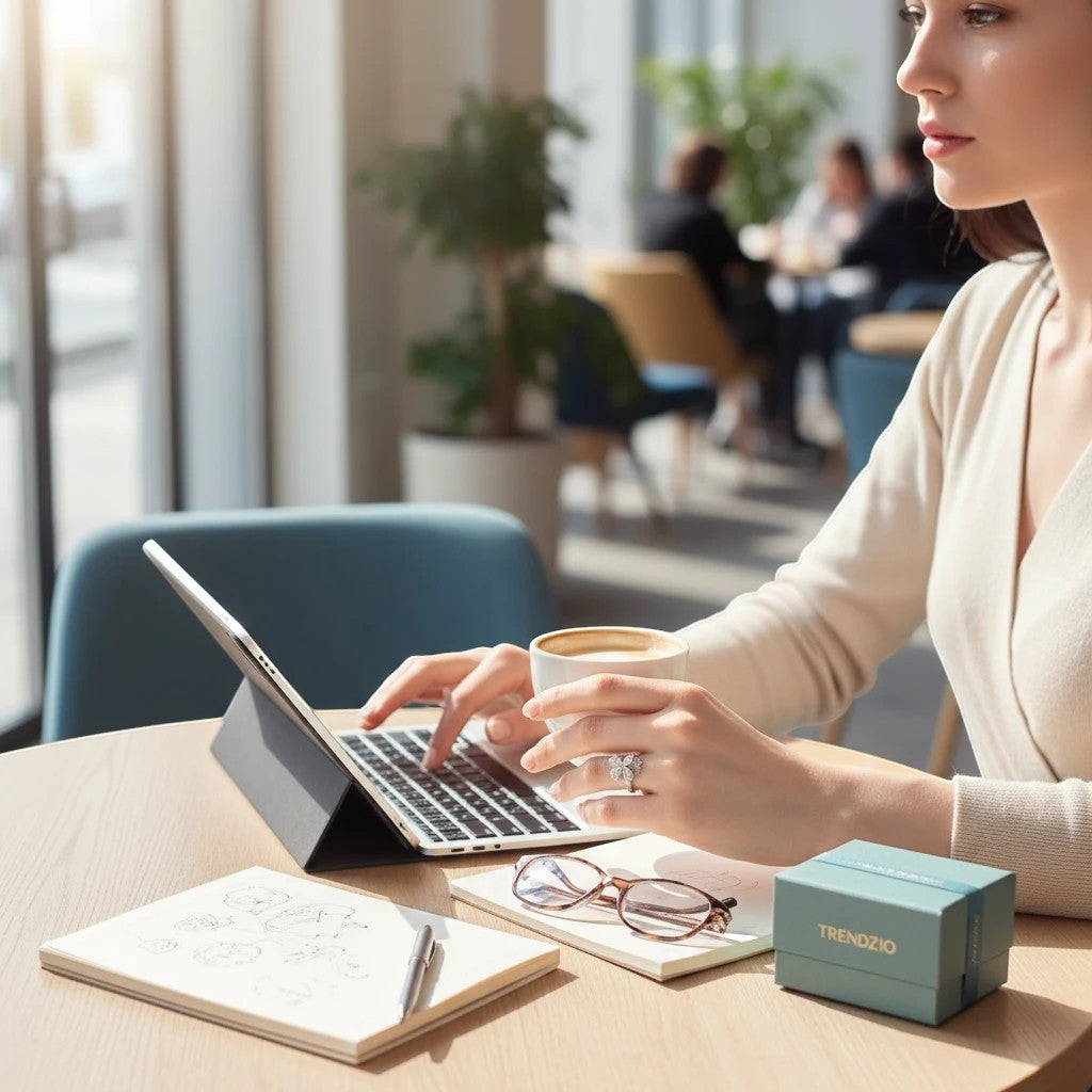 Woman wearing a Trendzio Jewelry Veda CZ butterfly ring while working on a laptop with coffee in a bright cafe.