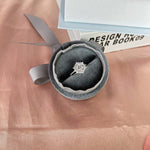 Trendzio Jewelry Veda sterling silver ring with a sparkling CZ diamond halo setting in a grey velvet gift box.