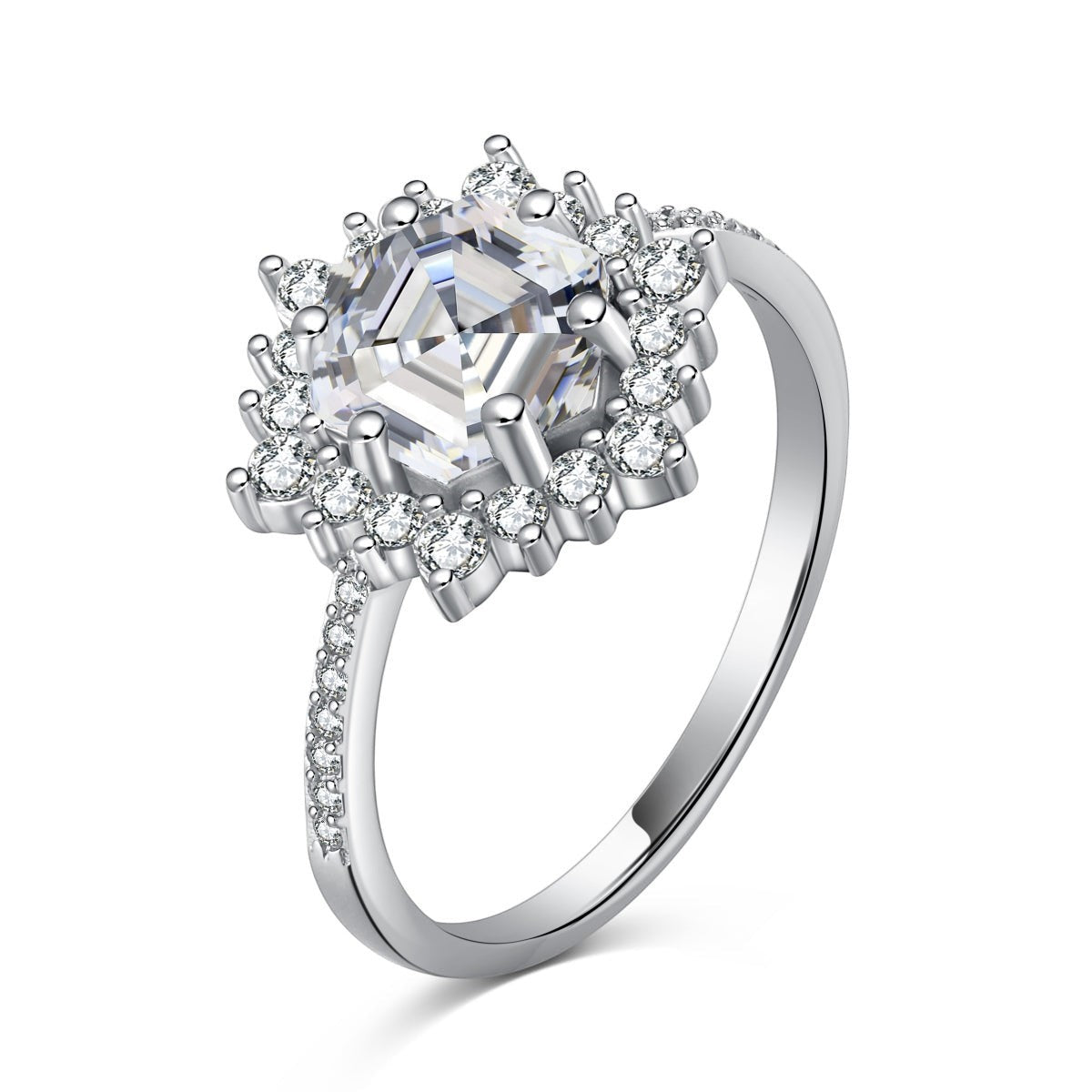 Trendzio Jewelry Veda sterling silver ring with a large hexagonal CZ diamond and halo setting on a pavé band.