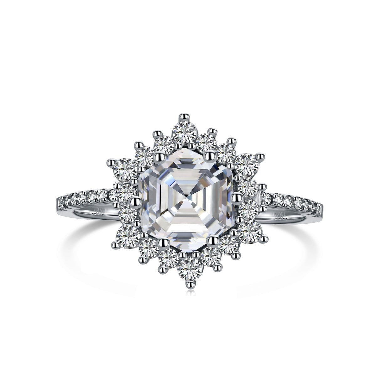 Trendzio Jewelry Veda sterling silver ring with a hexagonal CZ diamond center stone and halo setting.