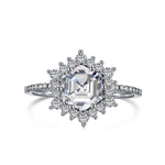 Trendzio Jewelry Veda sterling silver ring with a hexagonal CZ diamond center stone and halo setting.