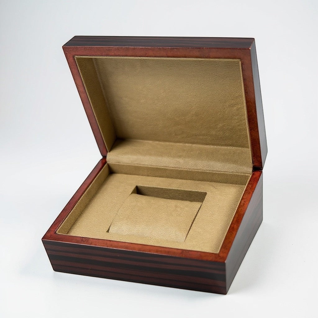 Trendzio Jewelry wooden watch box with tan interior lining and watch holder.
