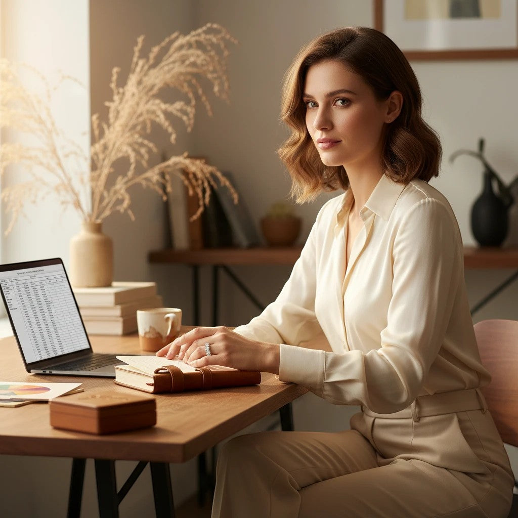 Woman wearing a Trendzio Jewelry Zaina CZ diamond ring, gold-plated sterling silver, at a desk with a laptop.