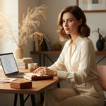 Woman wearing a Trendzio Jewelry Zaina CZ diamond ring, gold-plated sterling silver, at a desk with a laptop.