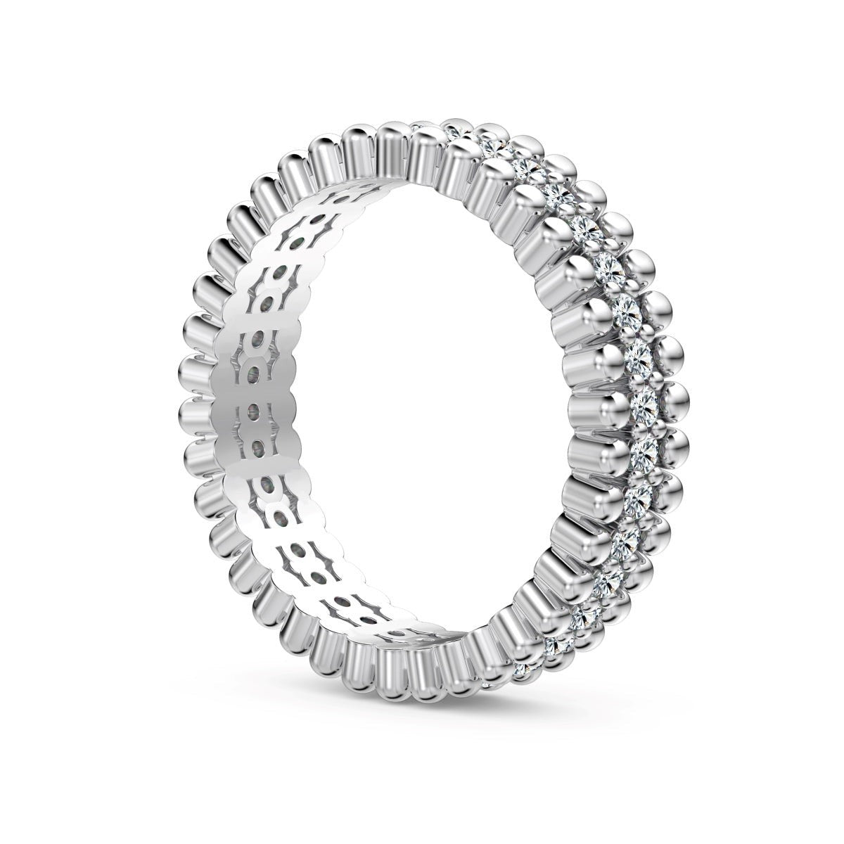 Trendzio Jewelry Zora sterling silver eternity ring featuring sparkling moissanite diamonds in a beaded band design.
